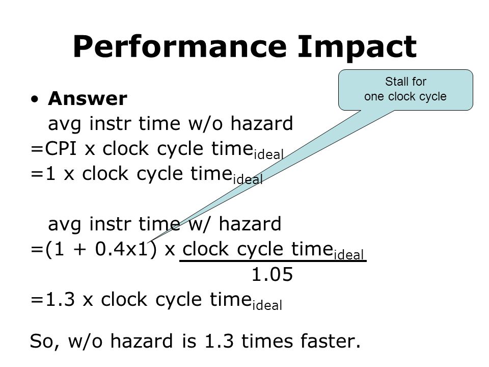Stall for one clock cycle Performance Impact Answer avg instr time w/o hazard =CPI x clock cycle time ideal =1 x clock cycle time ideal avg instr time w/ hazard =( x1) x clock cycle time ideal 1.05 =1.3 x clock cycle time ideal So, w/o hazard is 1.3 times faster.