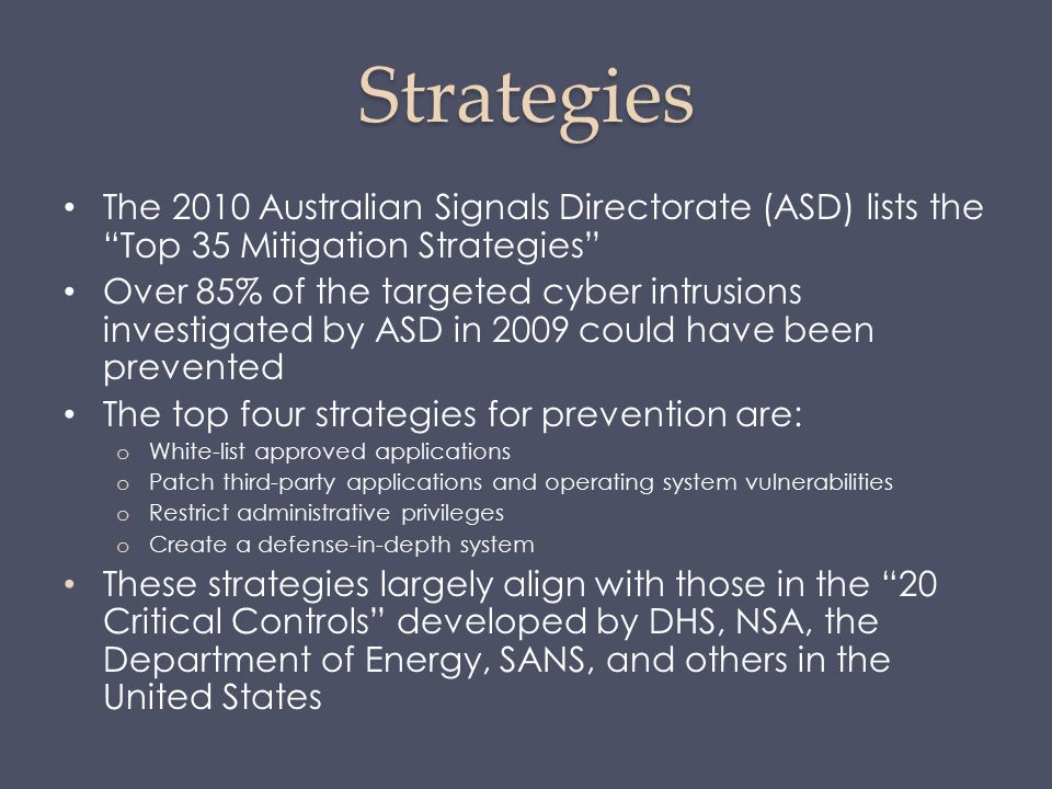 Chapter 12 System Security The 2010 Australian Signals Directorate (ASD) lists the “Top 35 Mitigation Strategies” Over 85% of. - ppt download