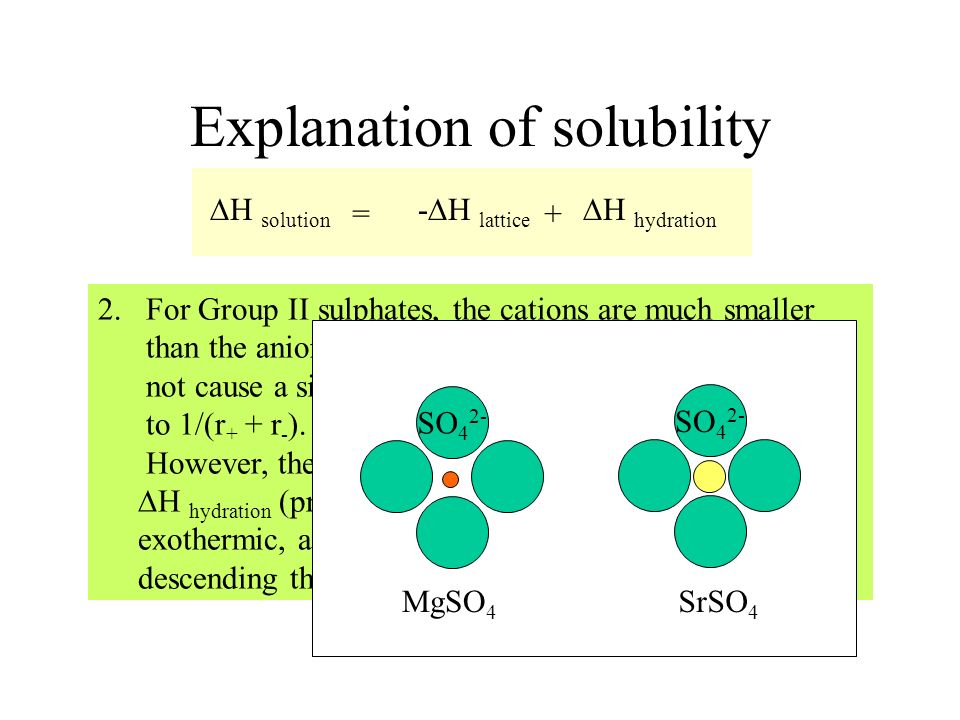 Explanation of solubility 2.For Group II sulphates, the cations are much smaller than the anions.
