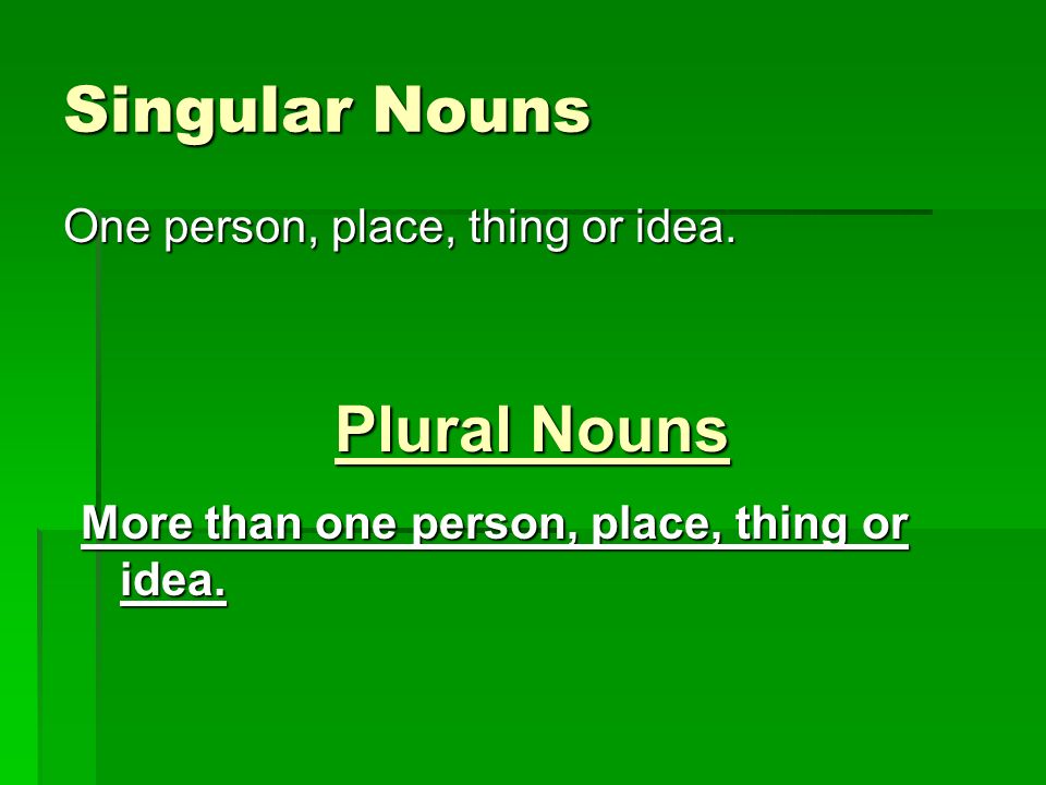 Singular Nouns One person, place, thing or idea.
