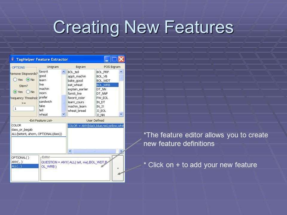 Creating New Features *The feature editor allows you to create new feature definitions * Click on + to add your new feature