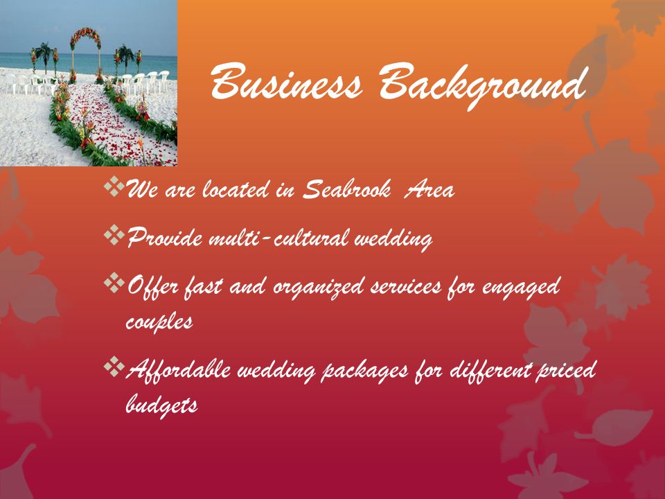Business Background  We are located in Seabrook Area  Provide multi-cultural wedding  Offer fast and organized services for engaged couples  Affordable wedding packages for different priced budgets
