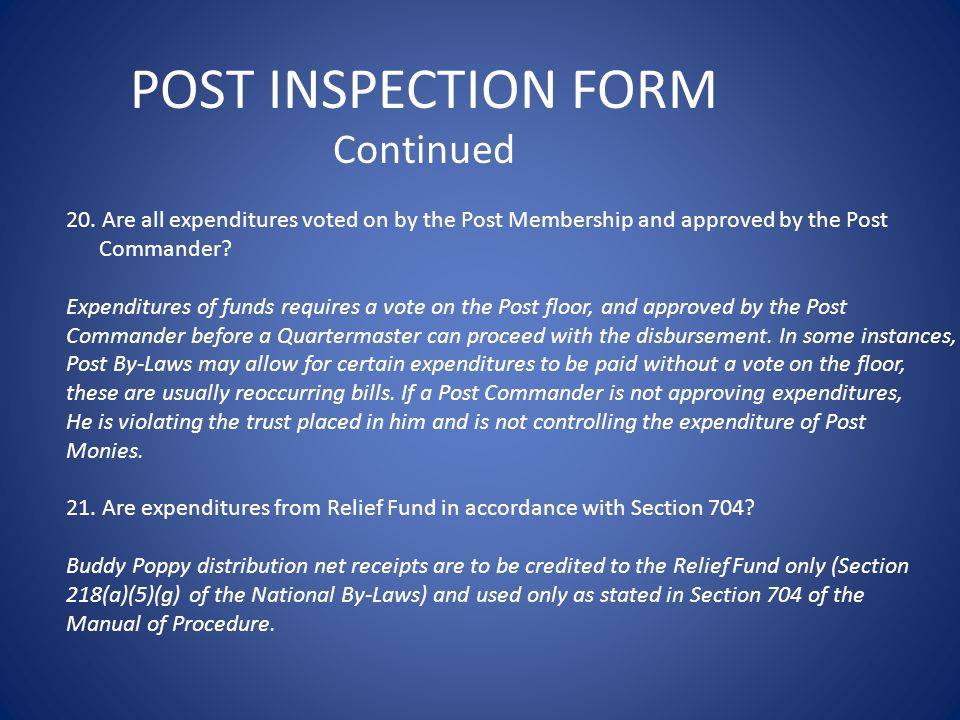 POST INSPECTION FORM Continued 20.
