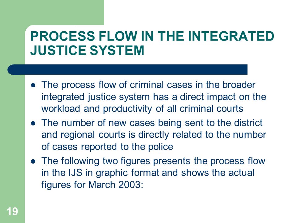 19 PROCESS FLOW IN THE INTEGRATED JUSTICE SYSTEM The process flow of criminal cases in the broader integrated justice system has a direct impact on the workload and productivity of all criminal courts The number of new cases being sent to the district and regional courts is directly related to the number of cases reported to the police The following two figures presents the process flow in the IJS in graphic format and shows the actual figures for March 2003: