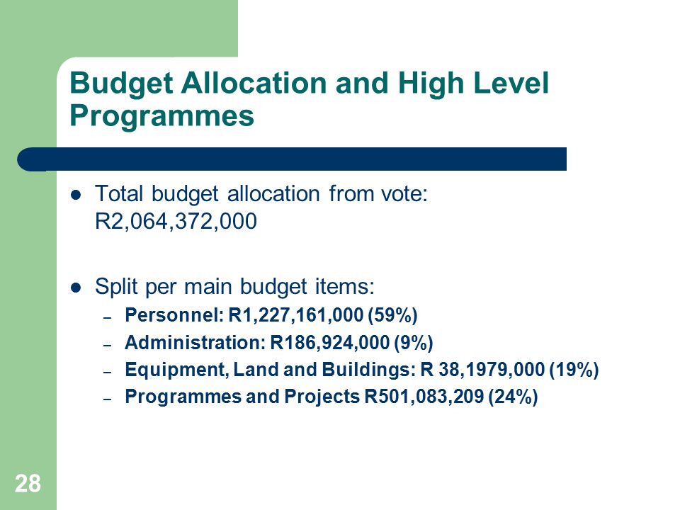28 Budget Allocation and High Level Programmes Total budget allocation from vote: R2,064,372,000 Split per main budget items: – Personnel: R1,227,161,000 (59%) – Administration: R186,924,000 (9%) – Equipment, Land and Buildings: R 38,1979,000 (19%) – Programmes and Projects R501,083,209 (24%)