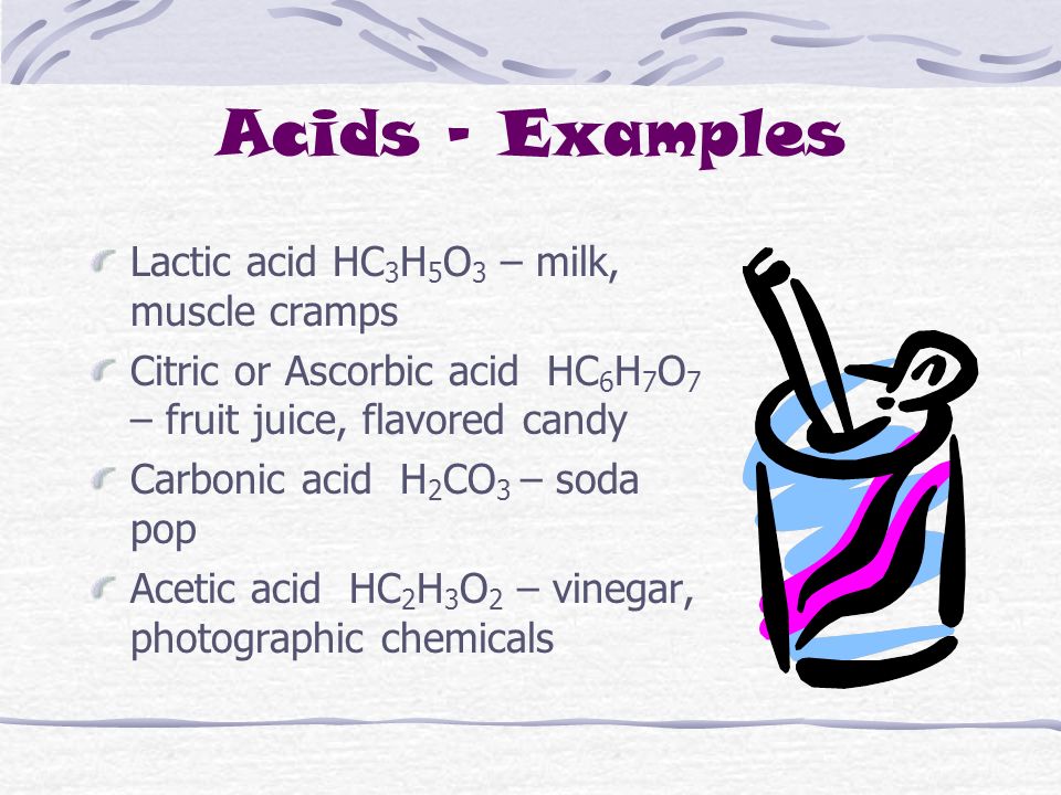 Acids - Examples Hydrochloric acid HCl – cleans metals; stomach acid Nitric acid HNO 3 – component of fertilizer Sulfuric acid H 2 SO 4 – car batteries; plastics.