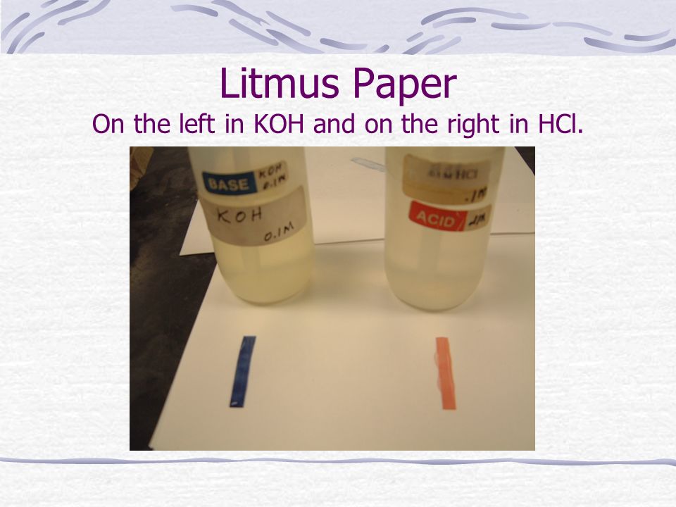 Examples of Indicators Litmus Red in an Acid Blue in a Base Phenolphthalein Clear in an Acid Pink in a Base There are many, many others.