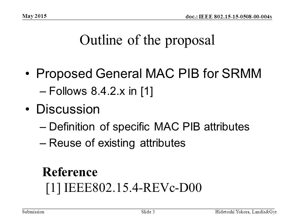 doc.: IEEE s Submission Outline of the proposal Proposed General MAC PIB for SRMM –Follows x in [1] Discussion –Definition of specific MAC PIB attributes –Reuse of existing attributes May 2015 Hidetoshi Yokora, Landis&GyrSlide 3 Reference [1] IEEE REVc-D00