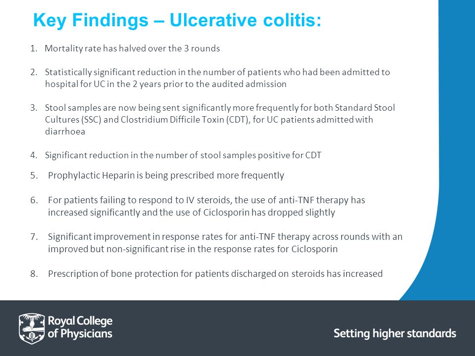 1.Mortality rate has halved over the 3 rounds 2.Statistically significant reduction in the number of patients who had been admitted to hospital for UC in the 2 years prior to the audited admission 3.Stool samples are now being sent significantly more frequently for both Standard Stool Cultures (SSC) and Clostridium Difficile Toxin (CDT), for UC patients admitted with diarrhoea 4.Significant reduction in the number of stool samples positive for CDT 5.Prophylactic Heparin is being prescribed more frequently 6.For patients failing to respond to IV steroids, the use of anti-TNF therapy has increased significantly and the use of Ciclosporin has dropped slightly 7.Significant improvement in response rates for anti-TNF therapy across rounds with an improved but non-significant rise in the response rates for Ciclosporin 8.Prescription of bone protection for patients discharged on steroids has increased Key Findings – Ulcerative colitis: