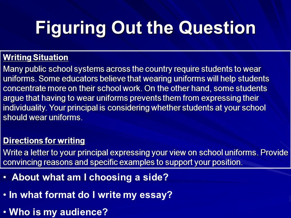 Figuring Out the Question Writing Situation Many public school systems across the country require students to wear uniforms.