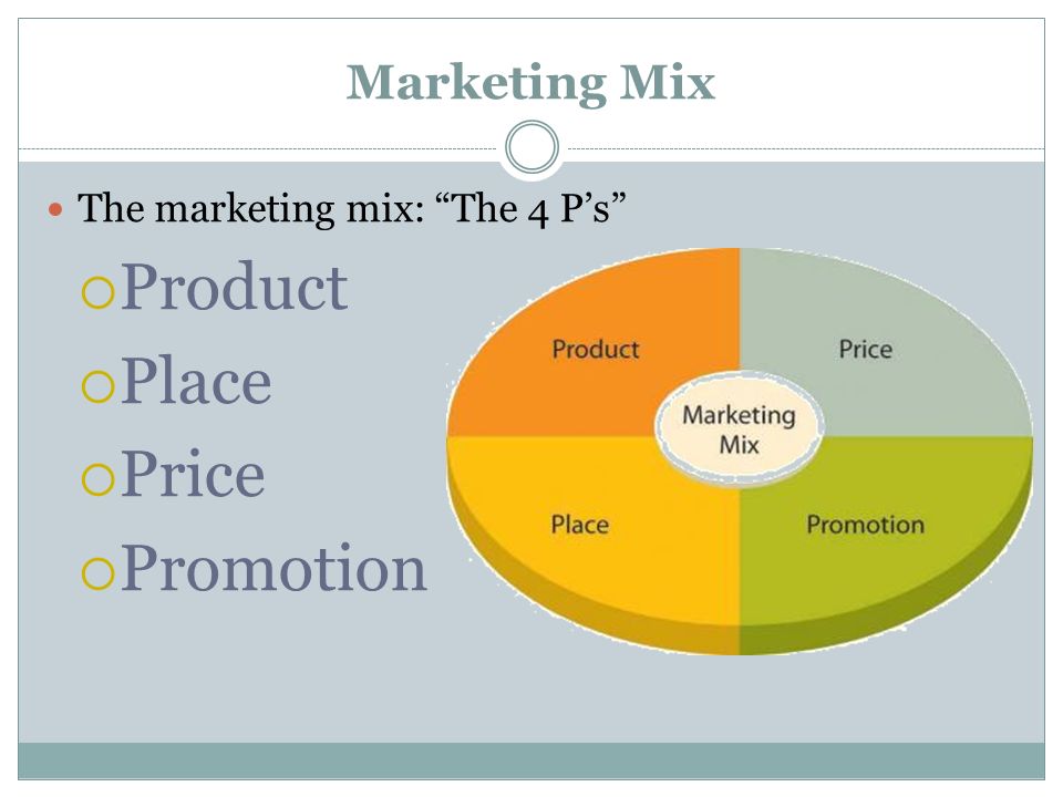 Marketing Mix The marketing mix: The 4 P’s  Product  Place  Price  Promotion