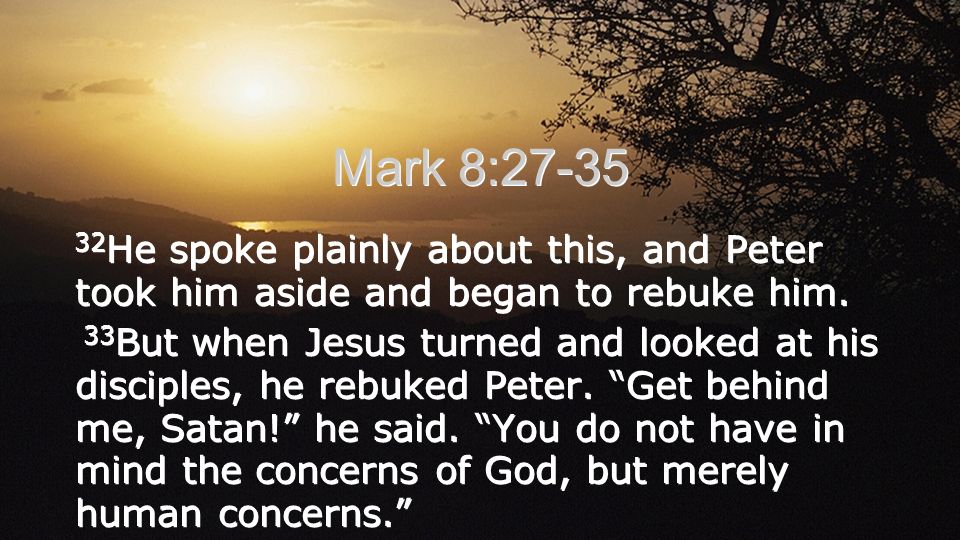 Mark 8: He spoke plainly about this, and Peter took him aside and began to rebuke him.