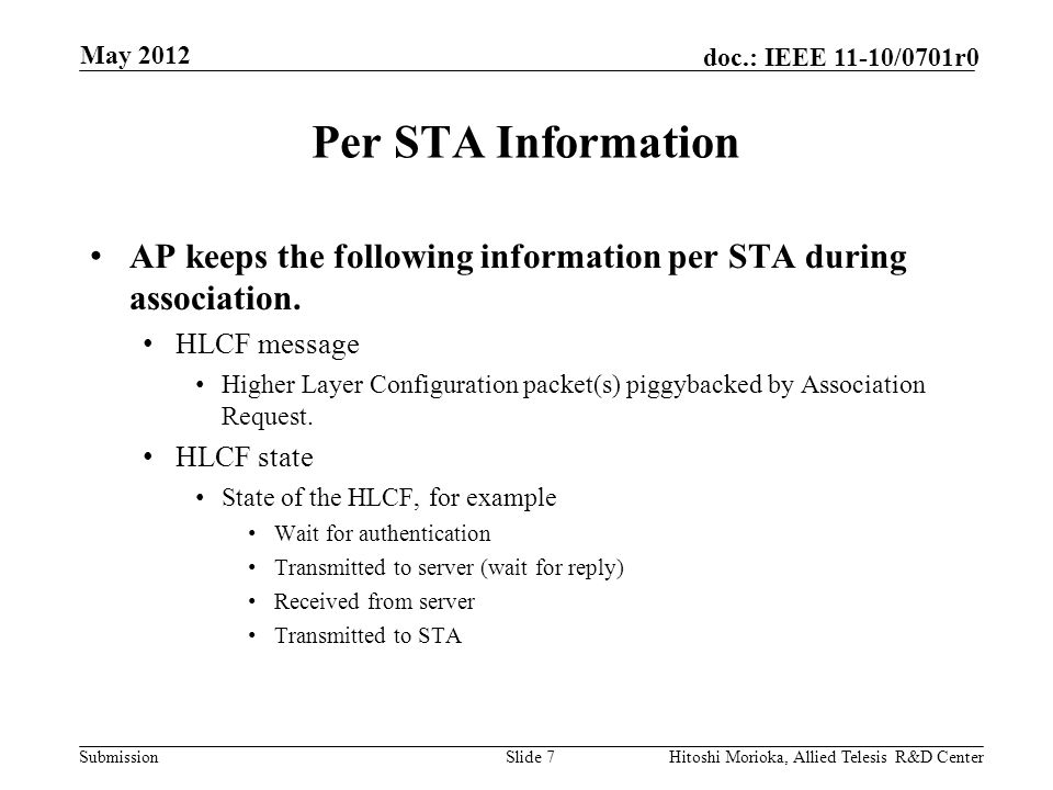 Submission doc.: IEEE 11-10/0701r0 Per STA Information AP keeps the following information per STA during association.