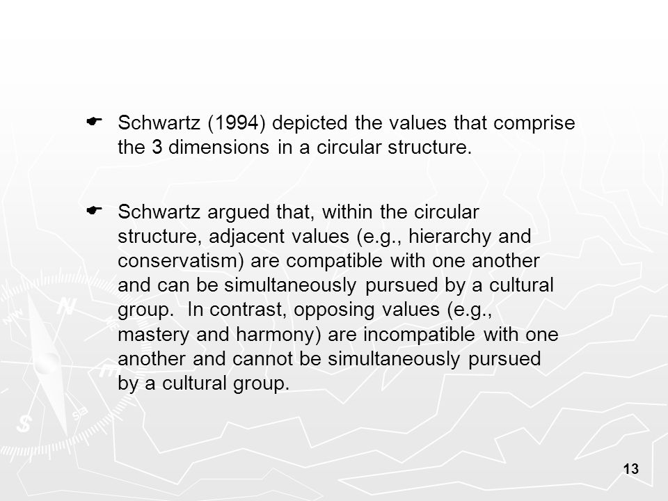 13  Schwartz argued that, within the circular structure, adjacent values (e.g., hierarchy and conservatism) are compatible with one another and can be simultaneously pursued by a cultural group.