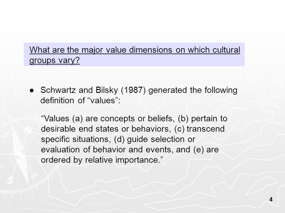 4 What are the major value dimensions on which cultural groups vary.