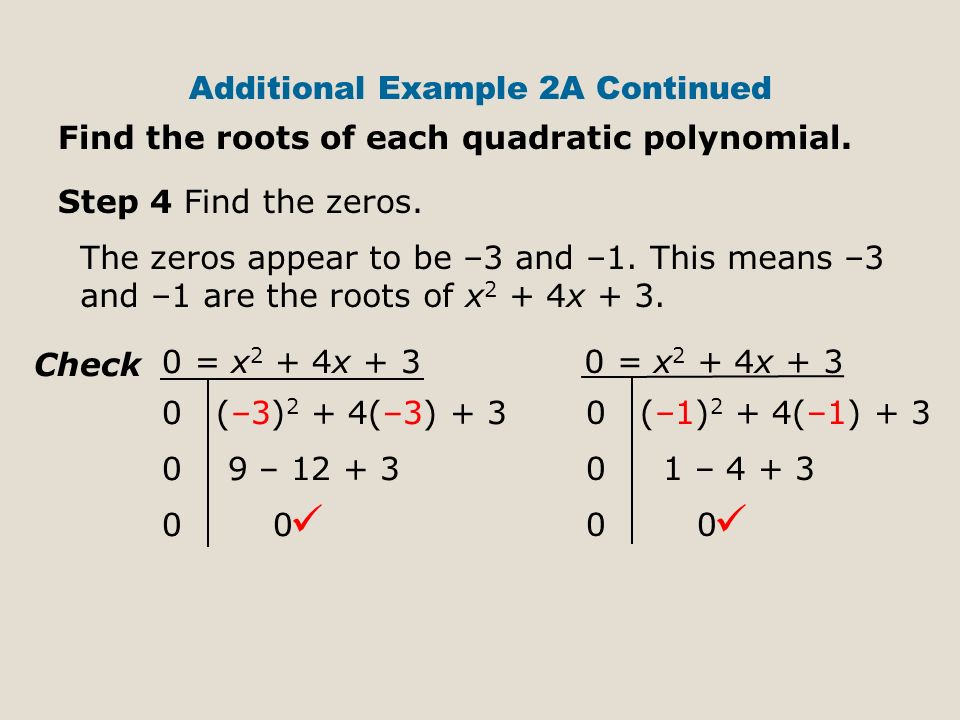 Additional Example 2A Continued Find the roots of each quadratic polynomial.
