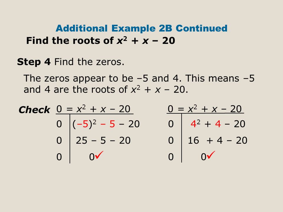 Additional Example 2B Continued Find the roots of x 2 + x – 20 Step 4 Find the zeros.