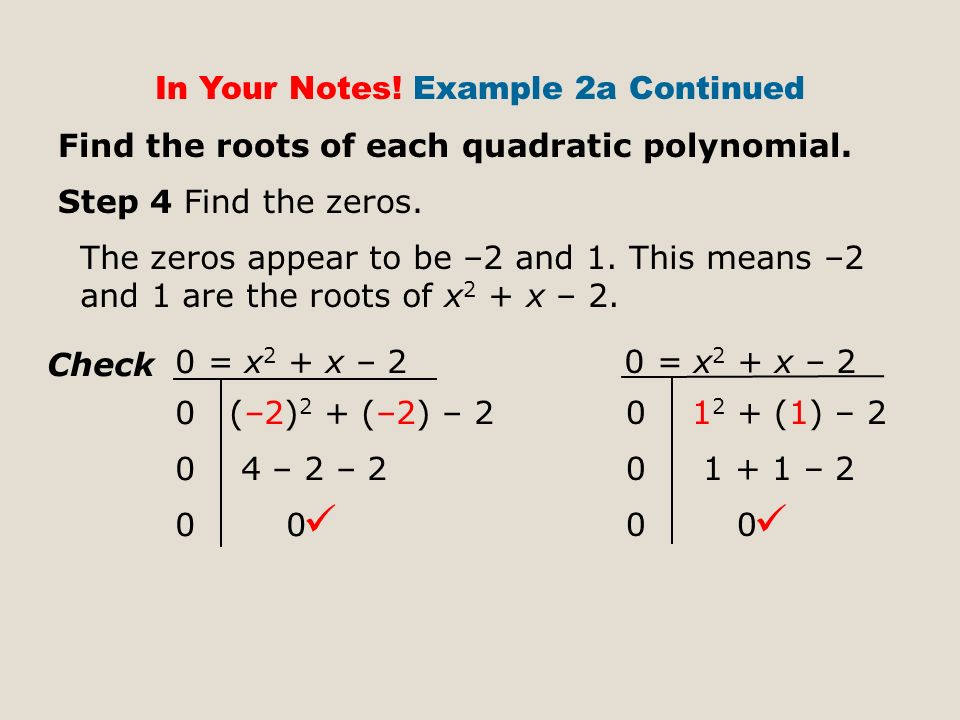 Find the roots of each quadratic polynomial. Step 4 Find the zeros.
