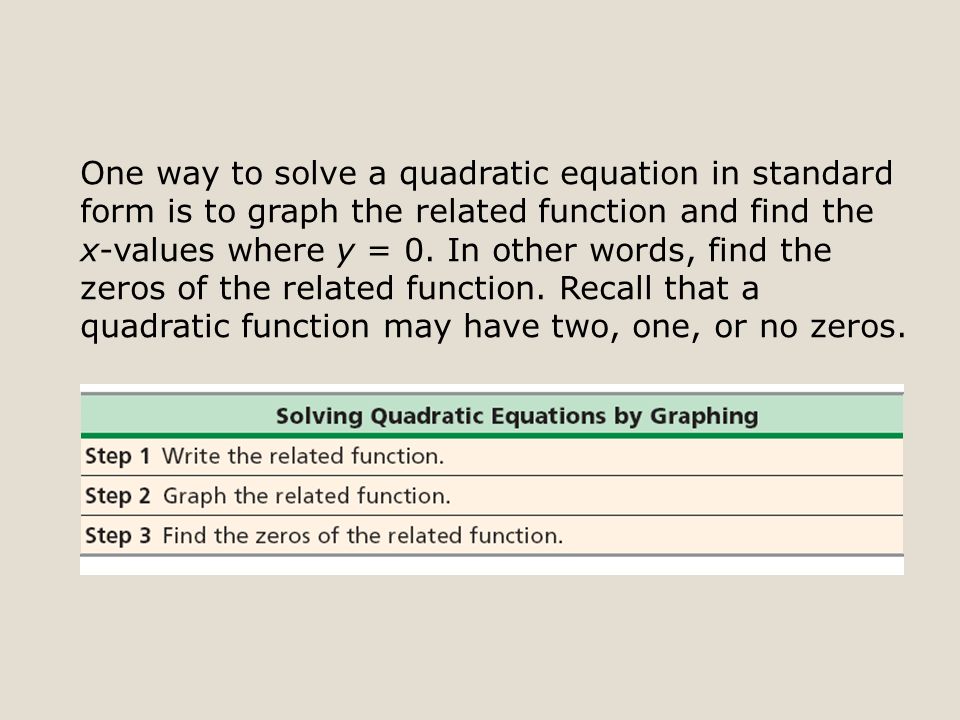 One way to solve a quadratic equation in standard form is to graph the related function and find the x-values where y = 0.