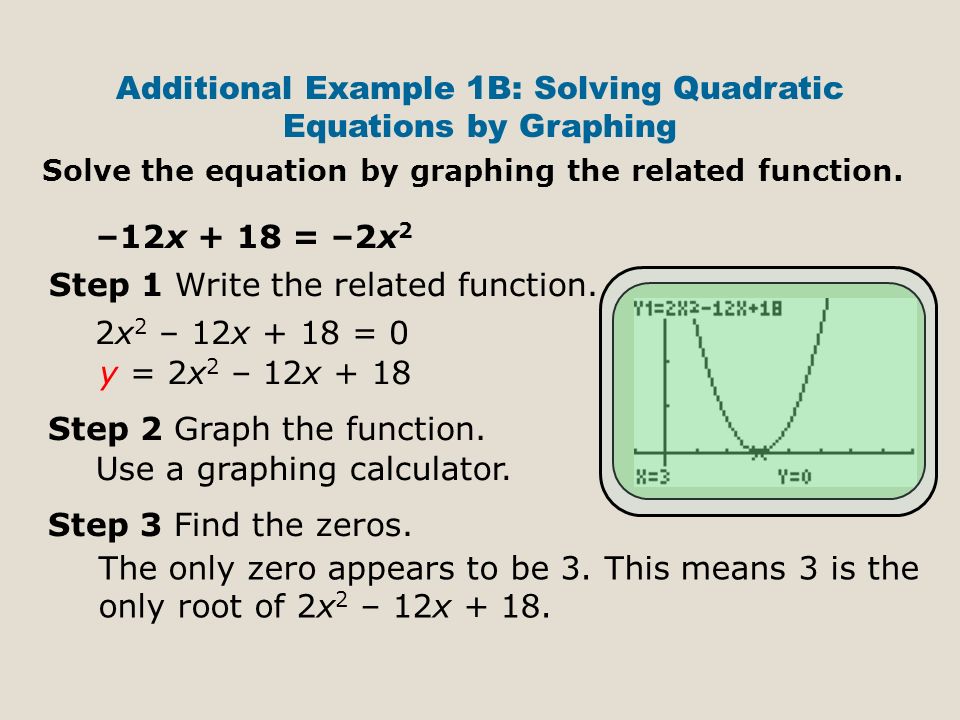 Additional Example 1B: Solving Quadratic Equations by Graphing –12x + 18 = –2x 2 Step 1 Write the related function.