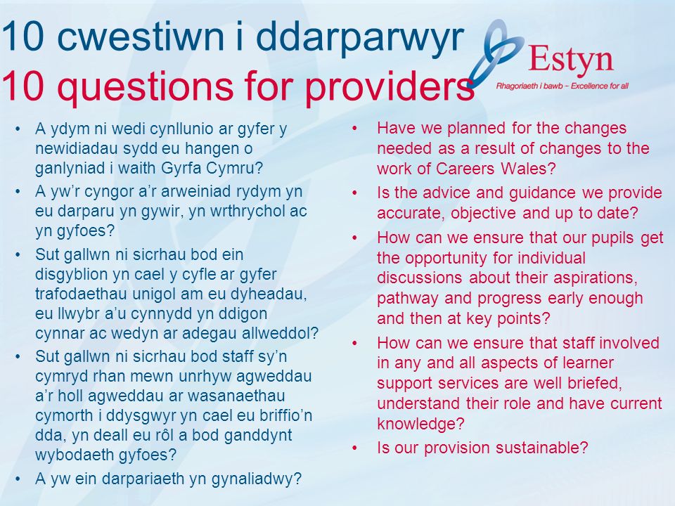 10 cwestiwn i ddarparwyr 10 questions for providers Have we planned for the changes needed as a result of changes to the work of Careers Wales.