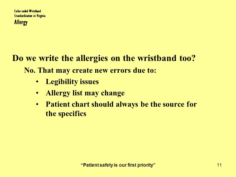 Patient safety is our first priority 11 Color-coded Wristband Standardization in Virginia Allergy Do we write the allergies on the wristband too.