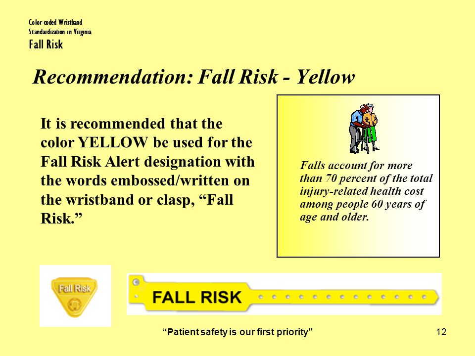Patient safety is our first priority 12 Color-coded Wristband Standardization in Virginia Fall Risk Recommendation: Fall Risk - Yellow Falls account for more than 70 percent of the total injury-related health cost among people 60 years of age and older.
