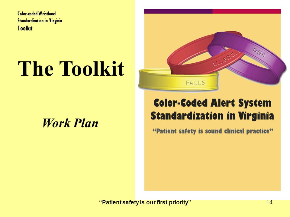 Patient safety is our first priority 14 Color-coded Wristband Standardization in Virginia Toolkit Work Plan The Toolkit