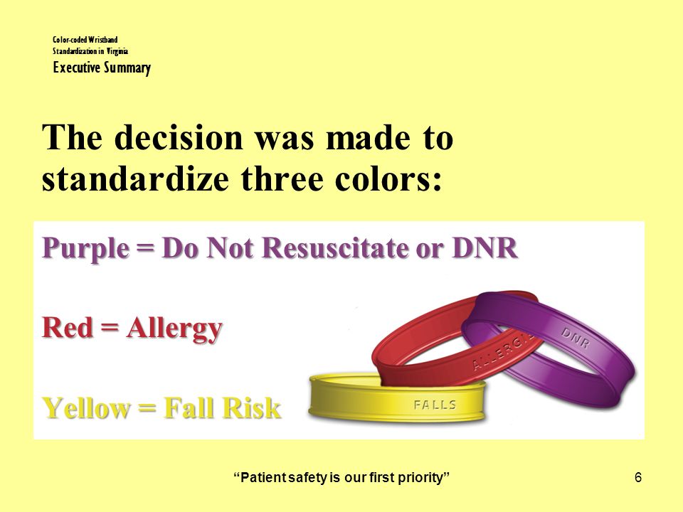 Patient safety is our first priority 6 Color-coded Wristband Standardization in Virginia Executive Summary The decision was made to standardize three colors: Purple = Do Not Resuscitate or DNR Red = Allergy Yellow = Fall Risk