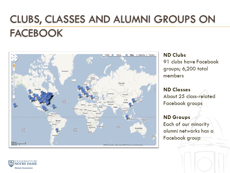 CLUBS, CLASSES AND ALUMNI GROUPS ON FACEBOOK ND Clubs 91 clubs have Facebook groups; 6,200 total members ND Classes About 25 class-related Facebook groups ND Groups Each of our minority alumni networks has a Facebook group