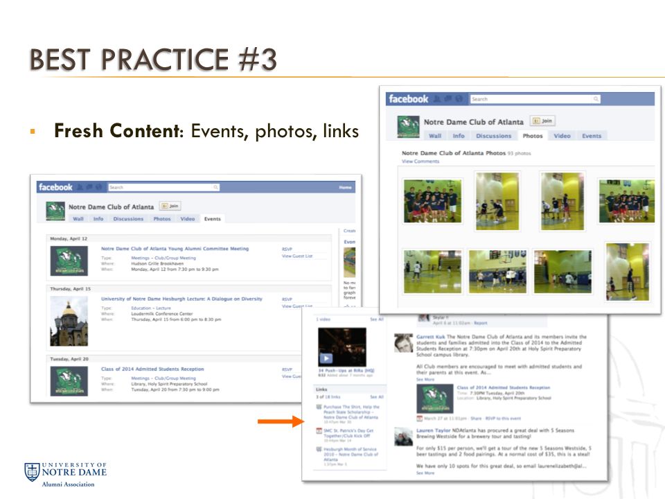 BEST PRACTICE #3  Fresh Content: Events, photos, links