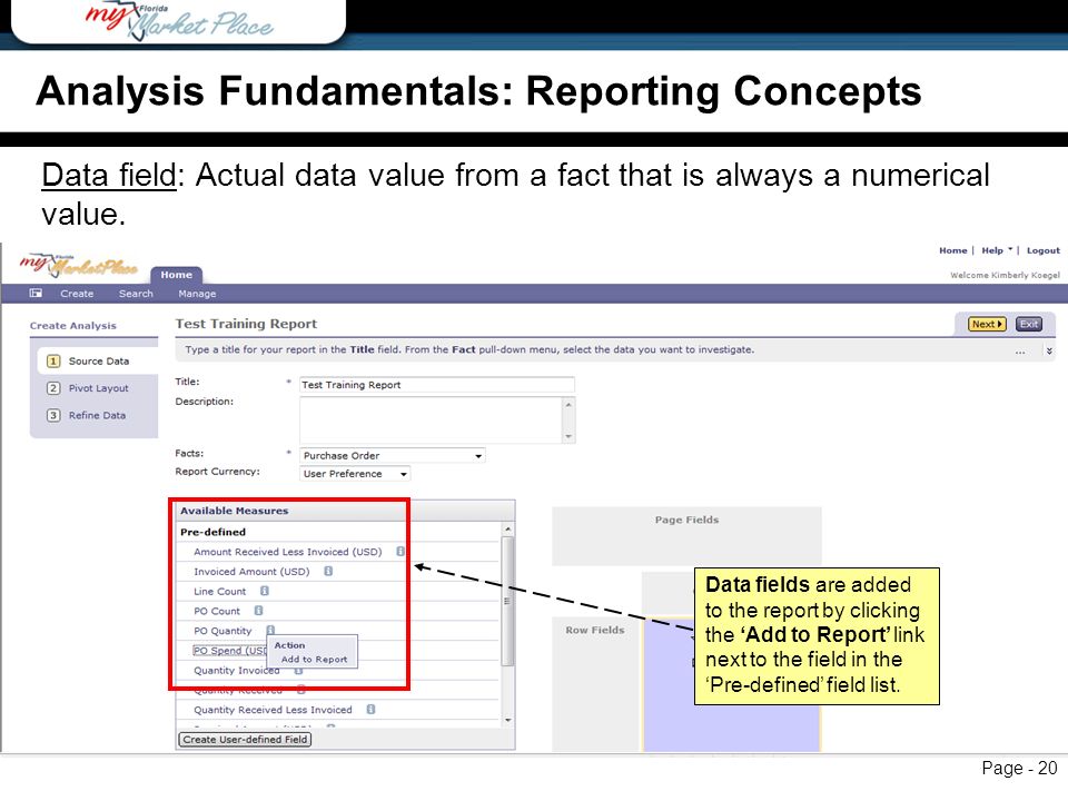 Page - 20 Analysis Fundamentals: Reporting Concepts Data field: Actual data value from a fact that is always a numerical value.
