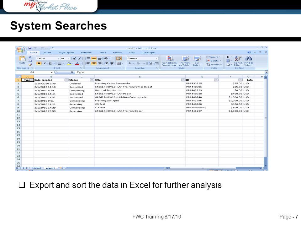  Export and sort the data in Excel for further analysis System Searches FWC Training 8/17/10Page - 7