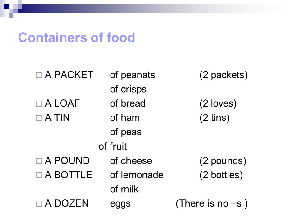 Containers of food  A PACKET of peanats (2 packets) of crisps  A LOAF of bread (2 loves)  A TIN of ham (2 tins) of peas of fruit  A POUND of cheese (2 pounds)  A BOTTLE of lemonade (2 bottles) of milk  A DOZEN eggs (There is no –s )