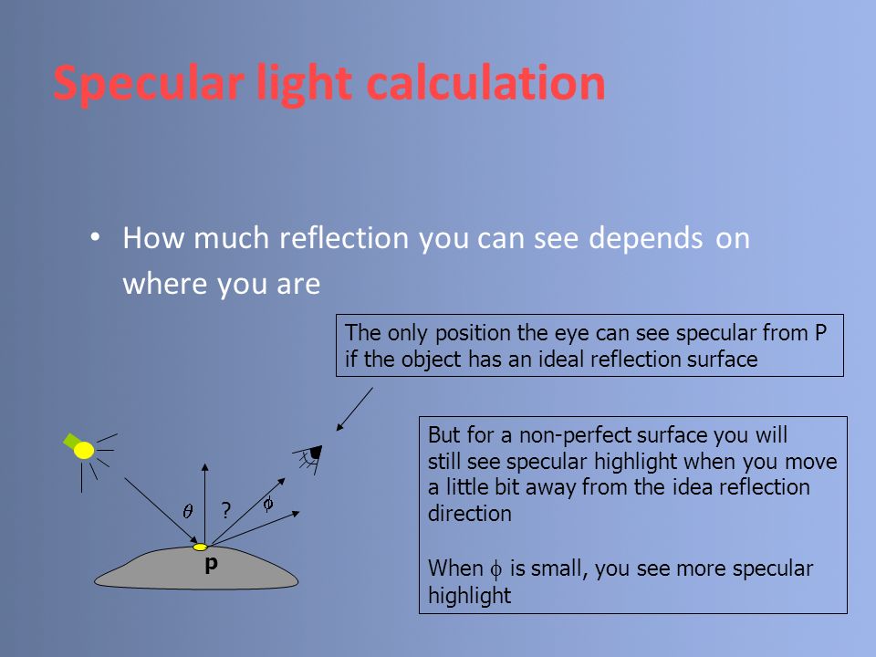 Specular light calculation How much reflection you can see depends on where you are The only position the eye can see specular from P if the object has an ideal reflection surface But for a non-perfect surface you will still see specular highlight when you move a little bit away from the idea reflection direction When  is small, you see more specular highlight  .