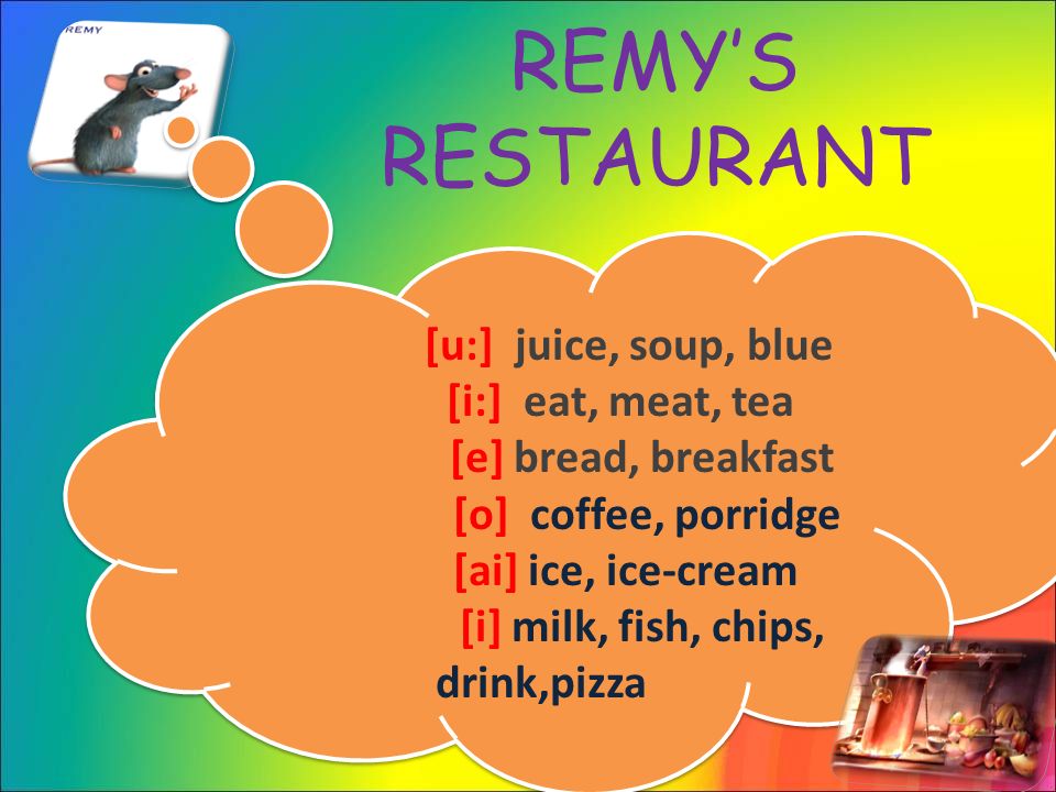 [u:] juice, soup, blue [i:] eat, meat, tea [e] bread, breakfast [о] coffee, porridge [ai] ice, ice-cream [i] milk, fish, chips, drink,pizza [u:] juice, soup, blue [i:] eat, meat, tea [e] bread, breakfast [о] coffee, porridge [ai] ice, ice-cream [i] milk, fish, chips, drink,pizza REMY’S RESTAURANT