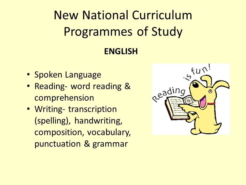 New National Curriculum Programmes of Study Spoken Language Reading- word reading & comprehension Writing- transcription (spelling), handwriting, composition, vocabulary, punctuation & grammar ENGLISH