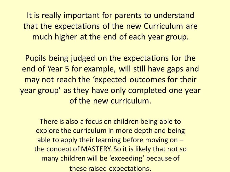 It is really important for parents to understand that the expectations of the new Curriculum are much higher at the end of each year group.