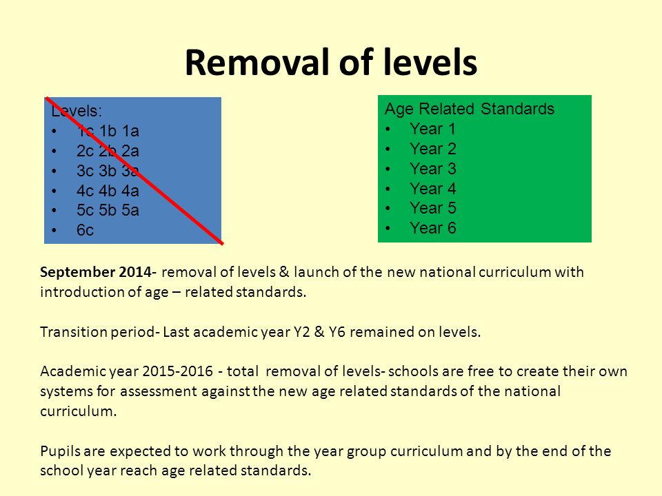 Removal of levels Levels: 1c 1b 1a 2c 2b 2a 3c 3b 3a 4c 4b 4a 5c 5b 5a 6c Age Related Standards Year 1 Year 2 Year 3 Year 4 Year 5 Year 6 September removal of levels & launch of the new national curriculum with introduction of age – related standards.