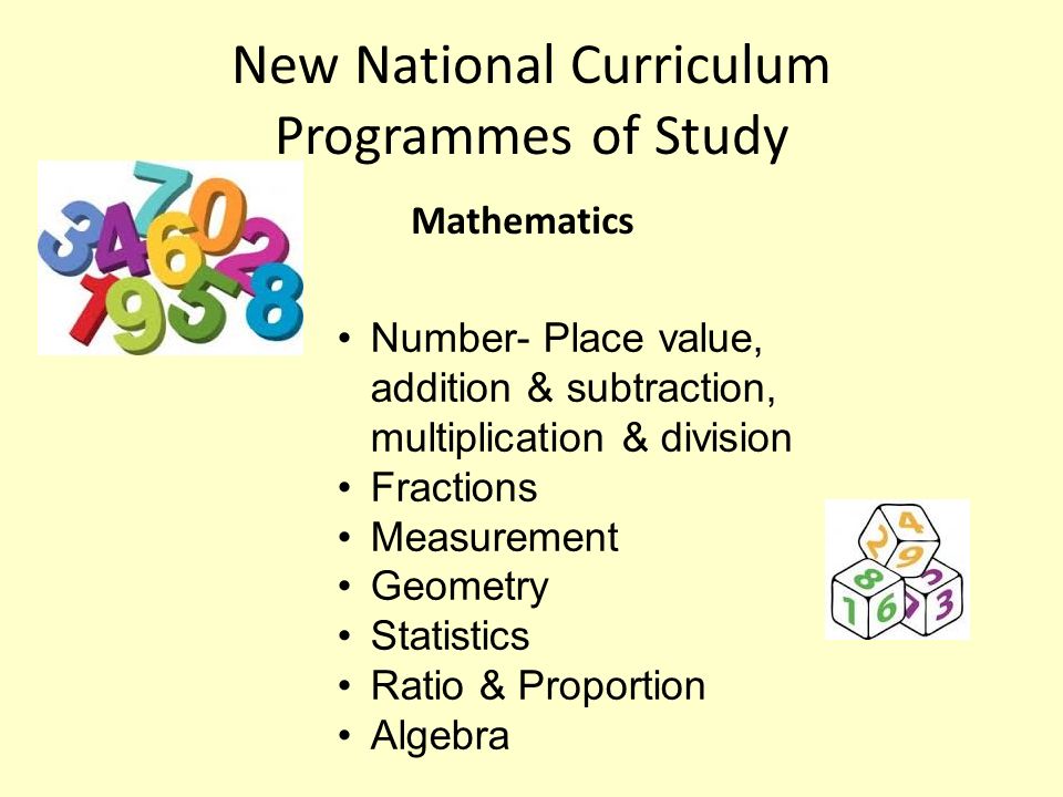 New National Curriculum Programmes of Study Mathematics Number- Place value, addition & subtraction, multiplication & division Fractions Measurement Geometry Statistics Ratio & Proportion Algebra