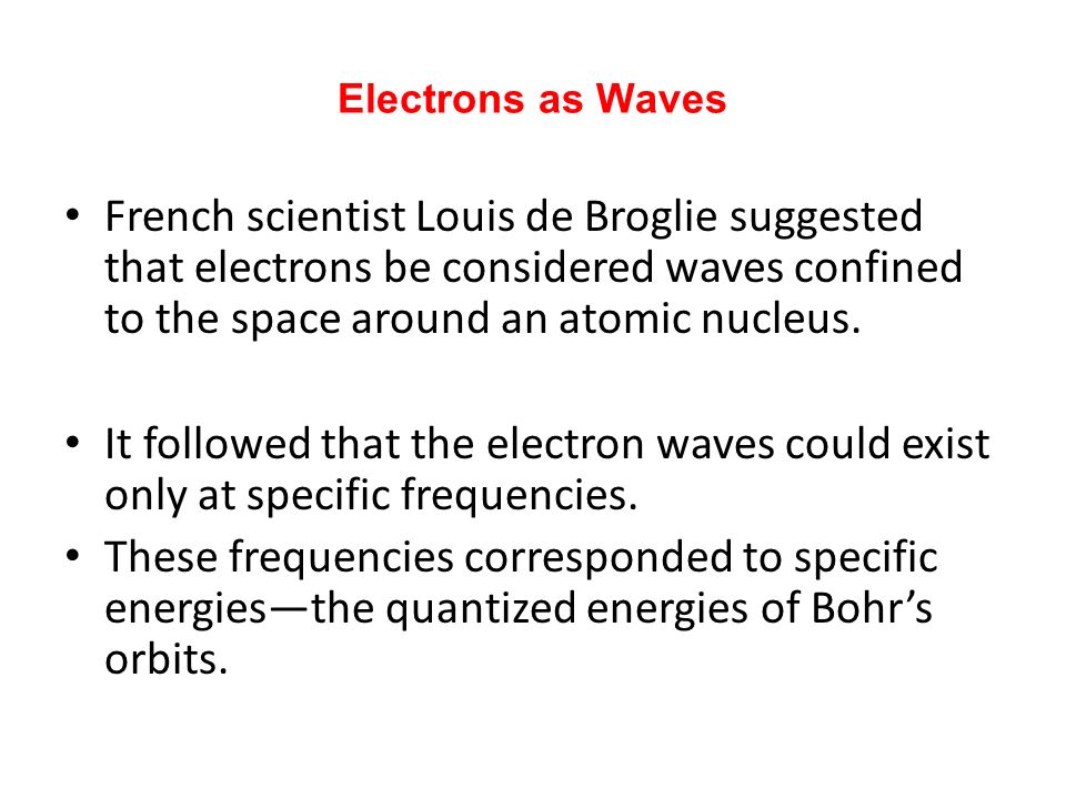 Electrons as Waves French scientist Louis de Broglie suggested that electrons be considered waves confined to the space around an atomic nucleus.