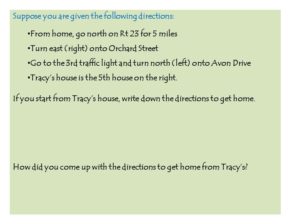 Suppose you are given the following directions: From home, go north on Rt 23 for 5 miles Turn east (right) onto Orchard Street Go to the 3rd traffic light and turn north (left) onto Avon Drive Tracy’s house is the 5th house on the right.