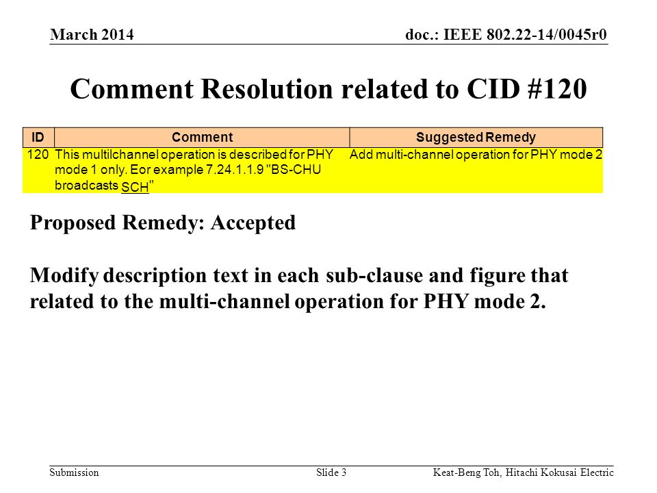 doc.: IEEE /0045r0 Submission March 2014 Keat-Beng Toh, Hitachi Kokusai ElectricSlide 3 Comment Resolution related to CID #120 Proposed Remedy: Accepted Modify description text in each sub-clause and figure that related to the multi-channel operation for PHY mode 2.