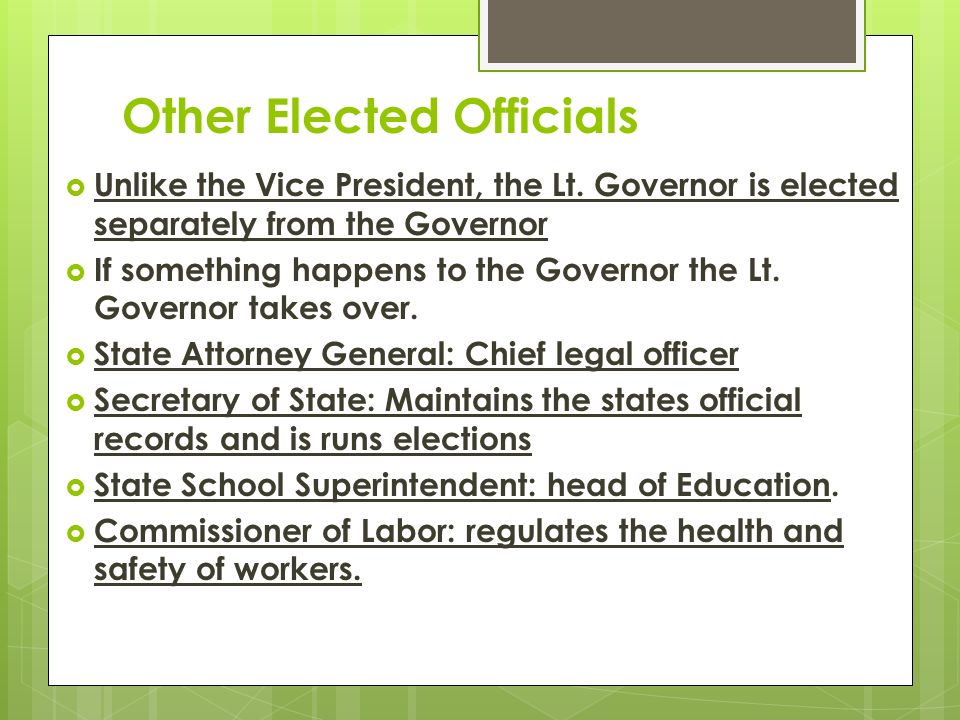 Other Elected Officials  Unlike the Vice President, the Lt.