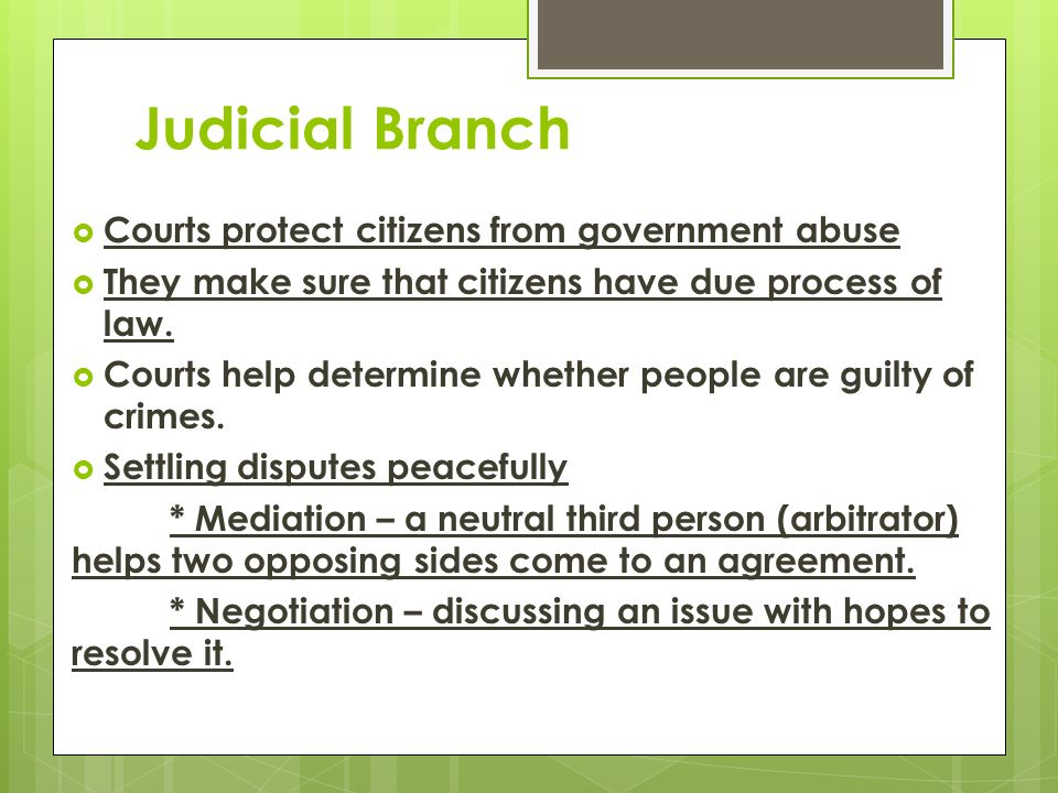 Judicial Branch  Courts protect citizens from government abuse  They make sure that citizens have due process of law.