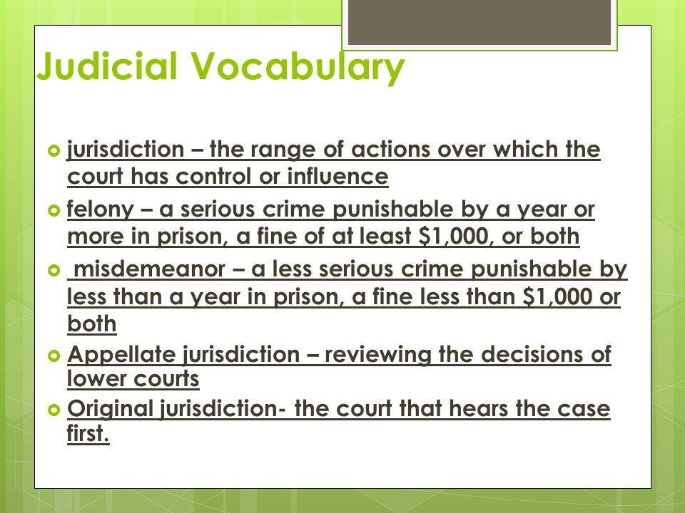 Judicial Vocabulary  jurisdiction – the range of actions over which the court has control or influence  felony – a serious crime punishable by a year or more in prison, a fine of at least $1,000, or both  misdemeanor – a less serious crime punishable by less than a year in prison, a fine less than $1,000 or both  Appellate jurisdiction – reviewing the decisions of lower courts  Original jurisdiction- the court that hears the case first.