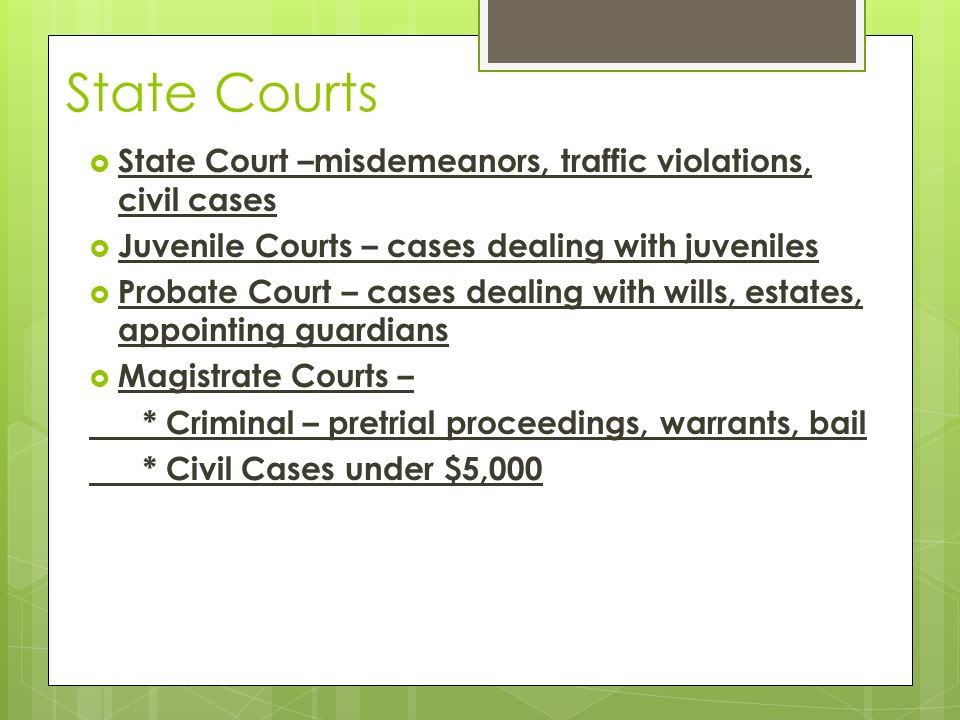 State Courts  State Court –misdemeanors, traffic violations, civil cases  Juvenile Courts – cases dealing with juveniles  Probate Court – cases dealing with wills, estates, appointing guardians  Magistrate Courts – * Criminal – pretrial proceedings, warrants, bail * Civil Cases under $5,000