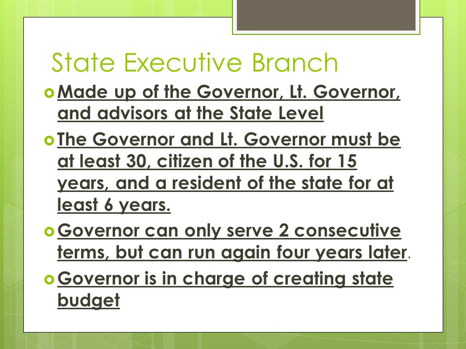 State Executive Branch  Made up of the Governor, Lt.