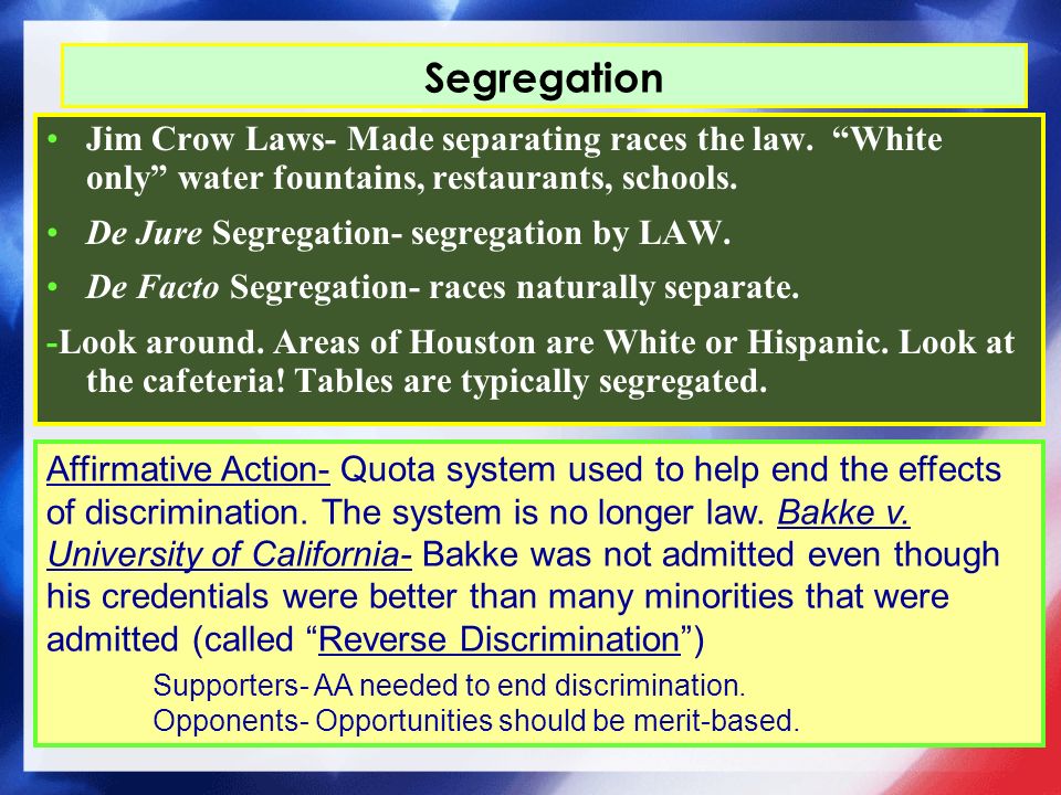 Segregation Jim Crow Laws- Made separating races the law.