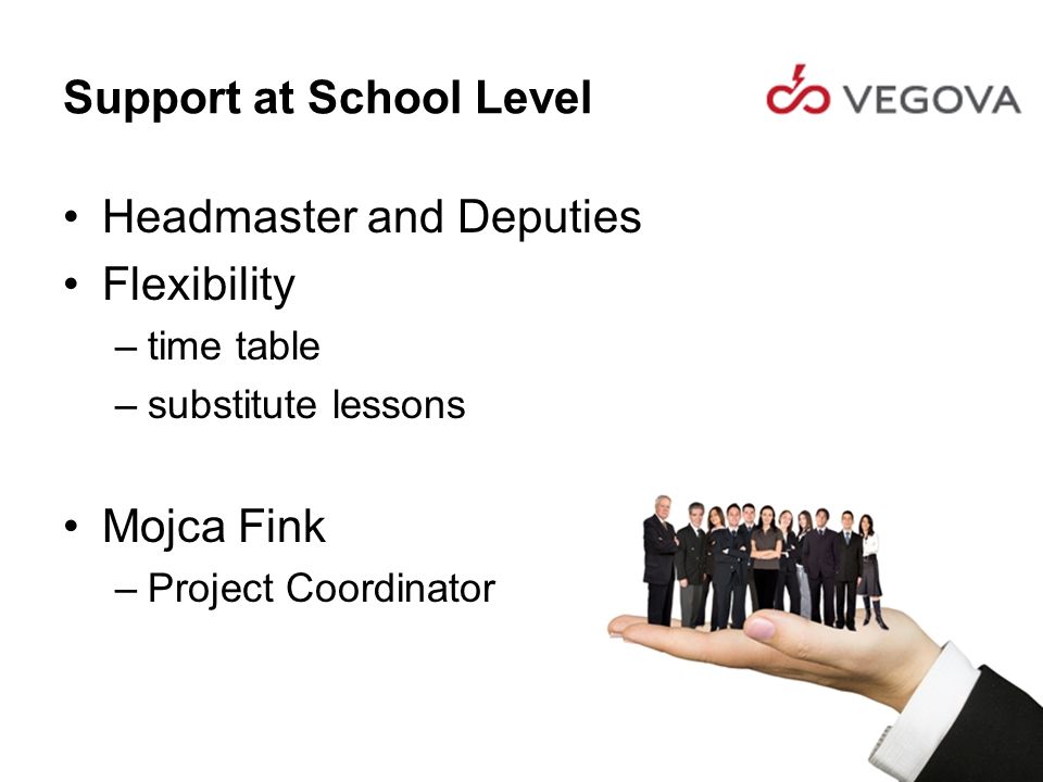 Support at School Level Headmaster and Deputies Flexibility –time table –substitute lessons Mojca Fink –Project Coordinator